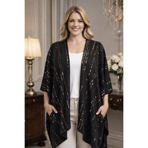 Chico's Black Sequin Kimono Cardigan Rose Gold Sparkle Glam Cover-Up One Size